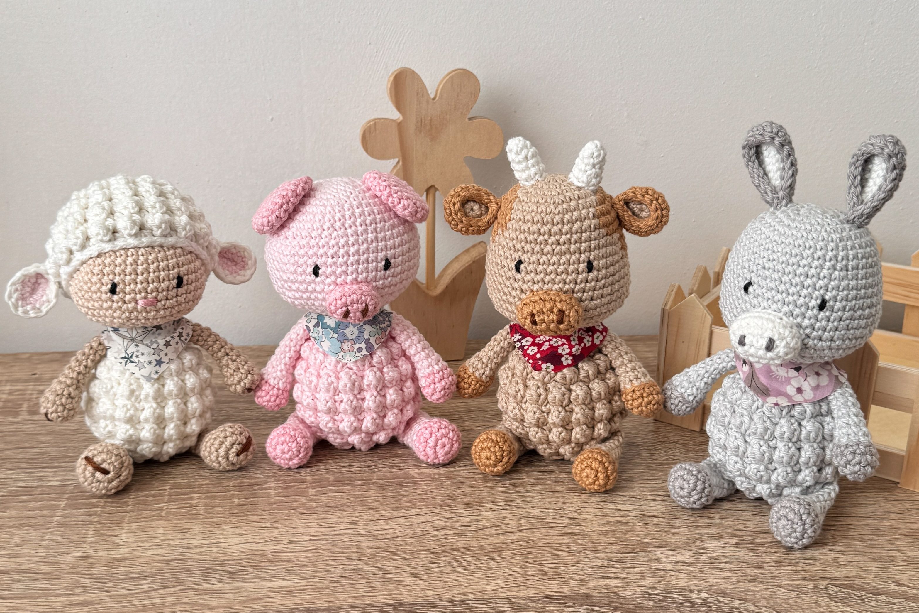 Animaux de la Ferme au crochet, amigurumi mouton, amigurumi cochon, amigurumi taureau, amigurumi âne